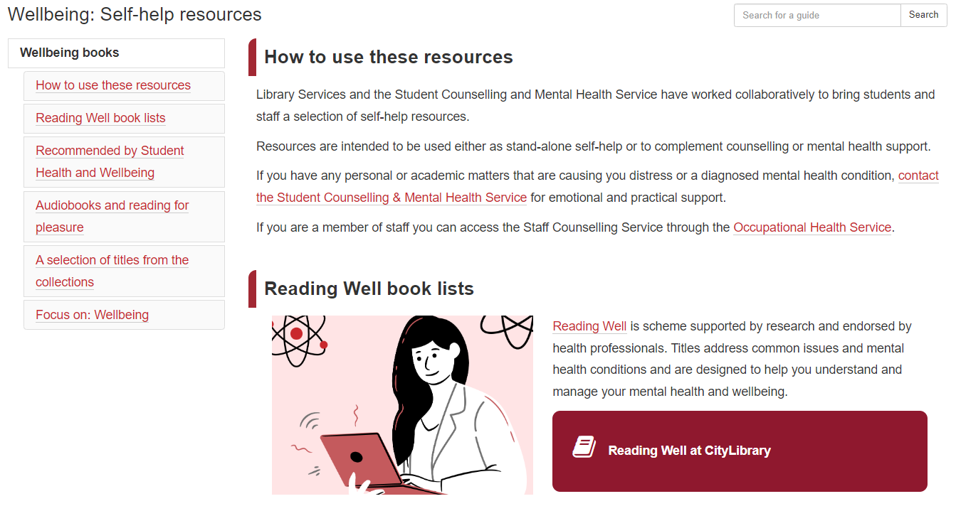 Screenshot of the 'Wellbeing: self-help resources' guide.