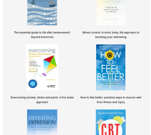 Screenshot of some wellbeing related titles including 'Overcoming anxiety, stress and panic: a five areas approach' and 'How to feel better: practical ways to recover well from illness and injury'.