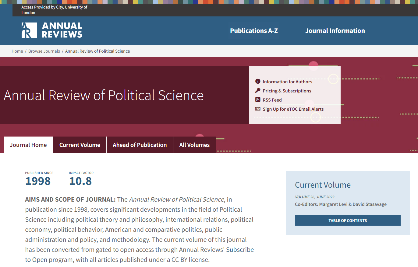 Screenshot of the Annual review of political science.