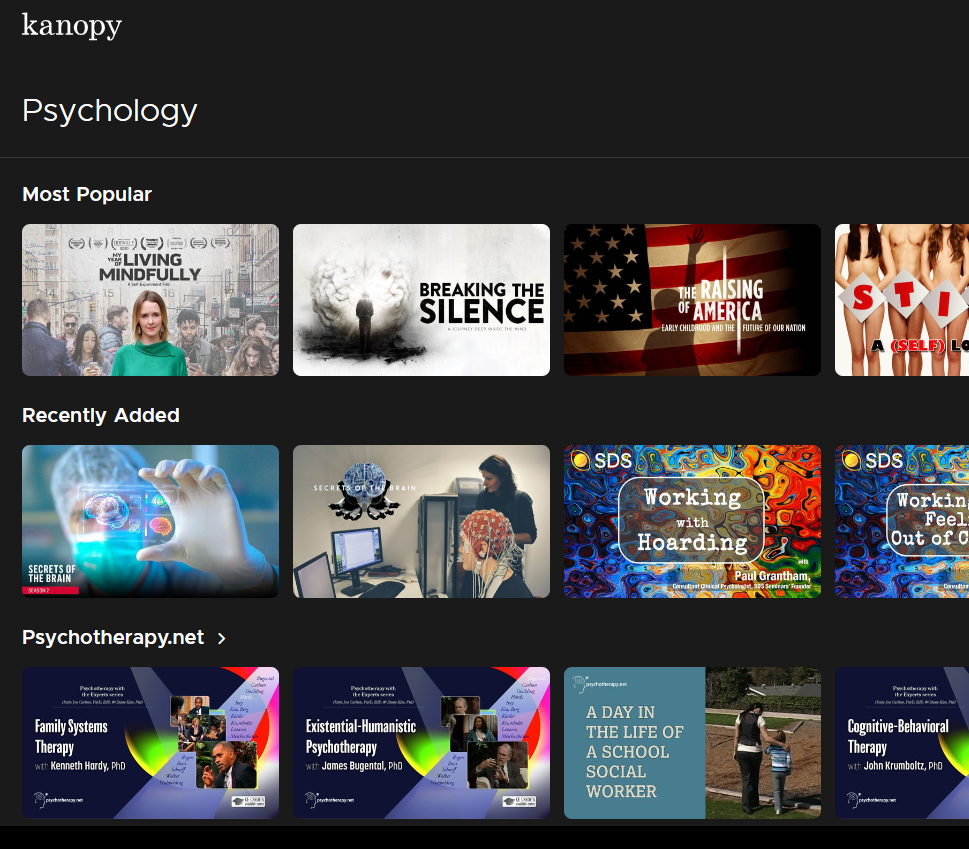 Screenshot of Psychology titles on Kanopy.
