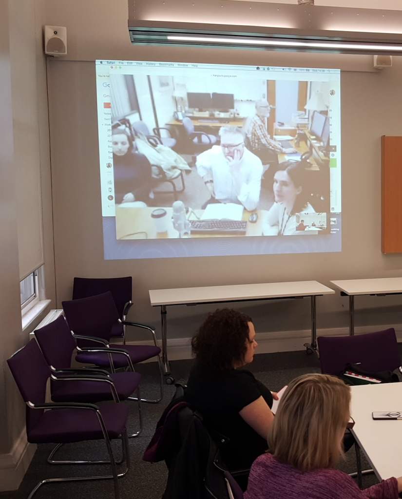 Peter Wilkins and members of the Douglas College Psychiatric Nursing team participate remotely at a Parables of Care workshop at City, 22 March 2017 