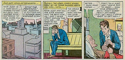 Peter Parker takes care of his aunt May after she suffers a heart attack. In Stan Lee (w), Steve Ditko (p), Sam Rosen (l), The Amazing Spider-Man, Vol 1, No. 17, October 1964. 