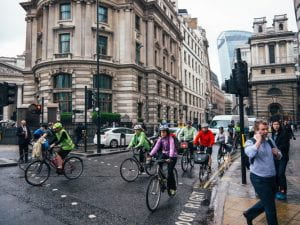 Cyclists commuting in London