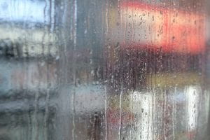 dreary London through a rainy window